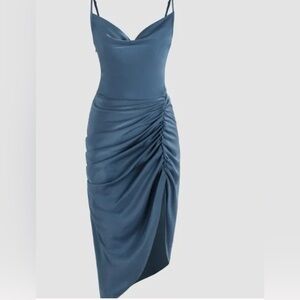 Cider Ruched Cowl Neck Mini Dress-Blue. brand New-Never Worn